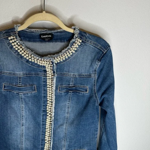 Bebe Pearl And Rhinestone Denim Jacket size small - Picture 3 of 5